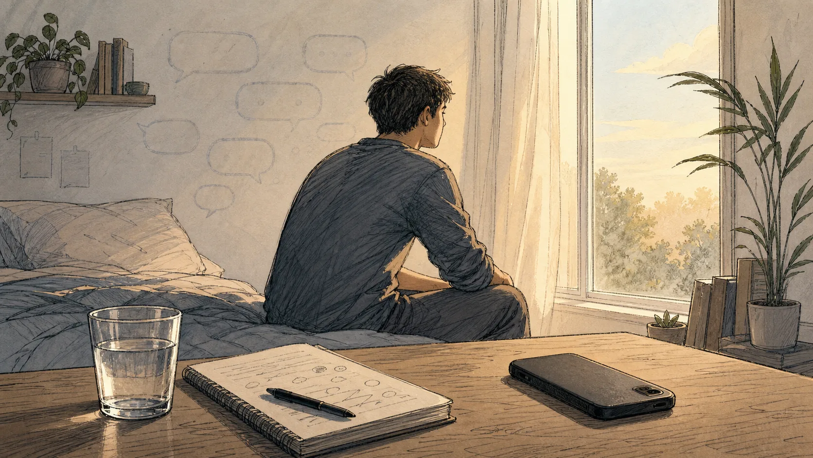 Sketch-style illustration of a person looking at a phone with soft chat bubbles fading into the background.