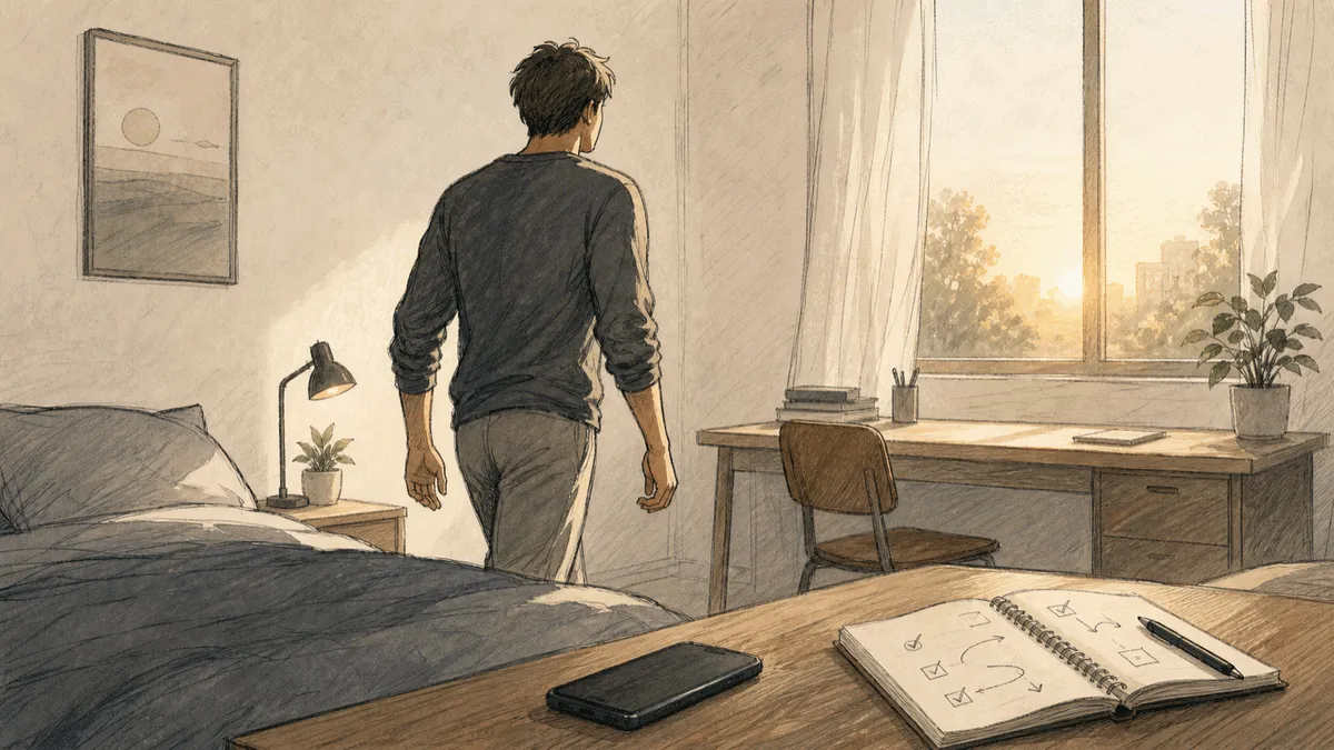 Sketch-style illustration of a person stepping away from a phone and toward a calmer morning routine.