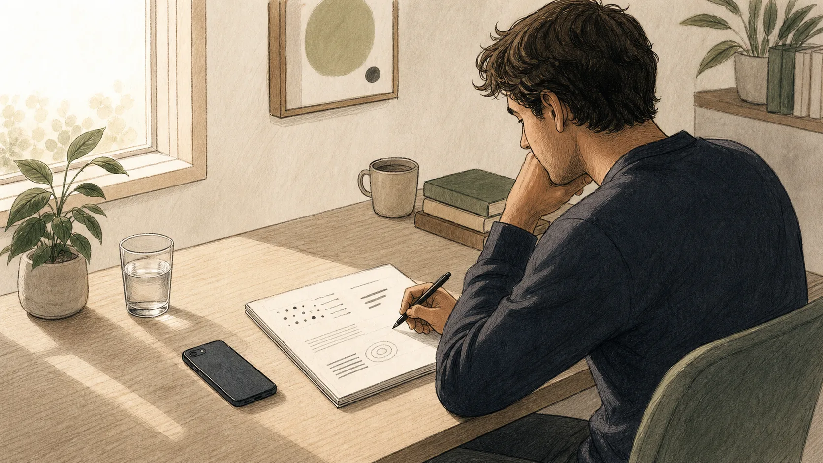 Sketch-style illustration of a person sitting at a desk with a phone face down, a notebook, and a glass of water.